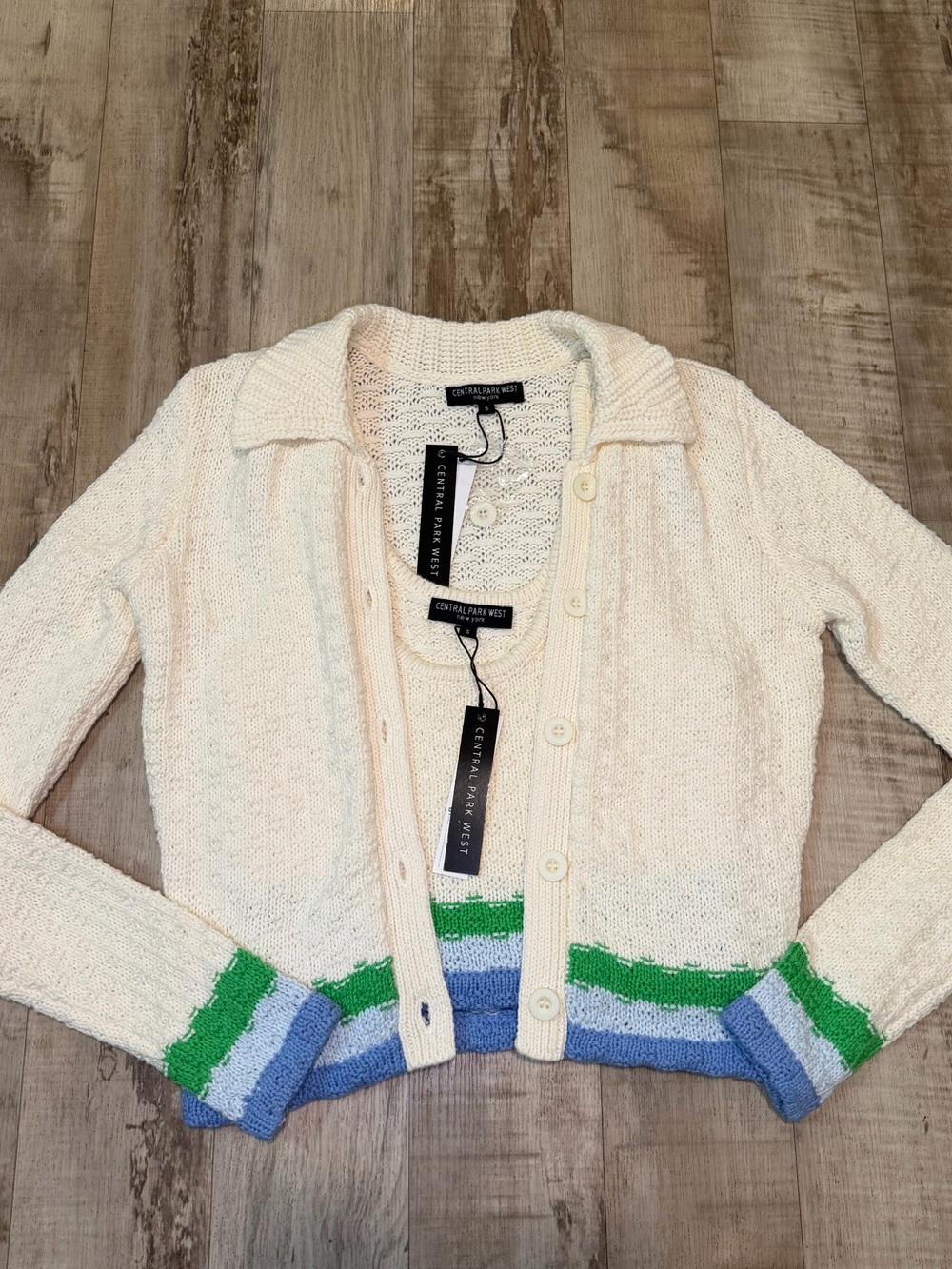 Central Park West 2pc Sweater Set Cardigan Vest Womens S Ivory Green Blue NWT